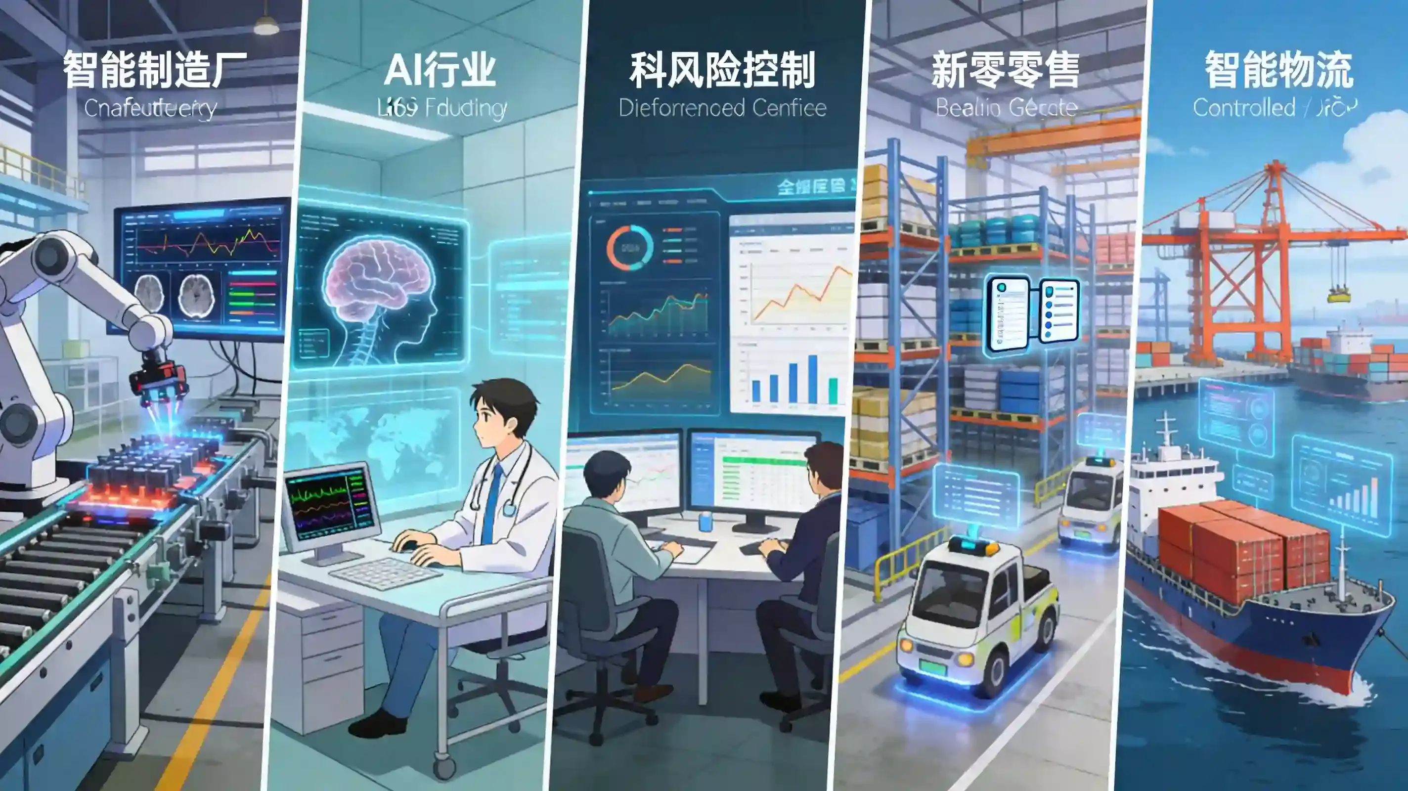 AI Agent行业应用五大场景 - 智能制造、医疗健康、金融科技、新零售、智慧物流.webp