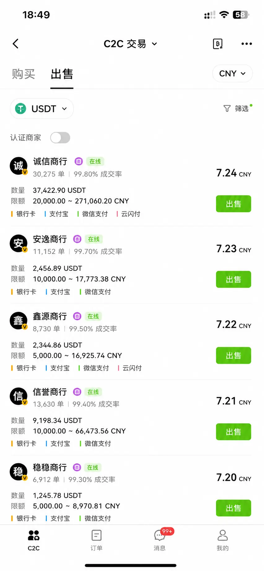 OKX认证商家列表页面截图.webp