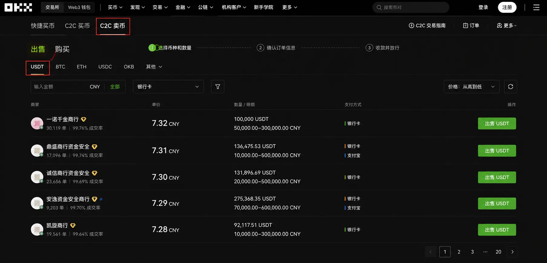 OKX C2C出售USDT入口页面截图.webp