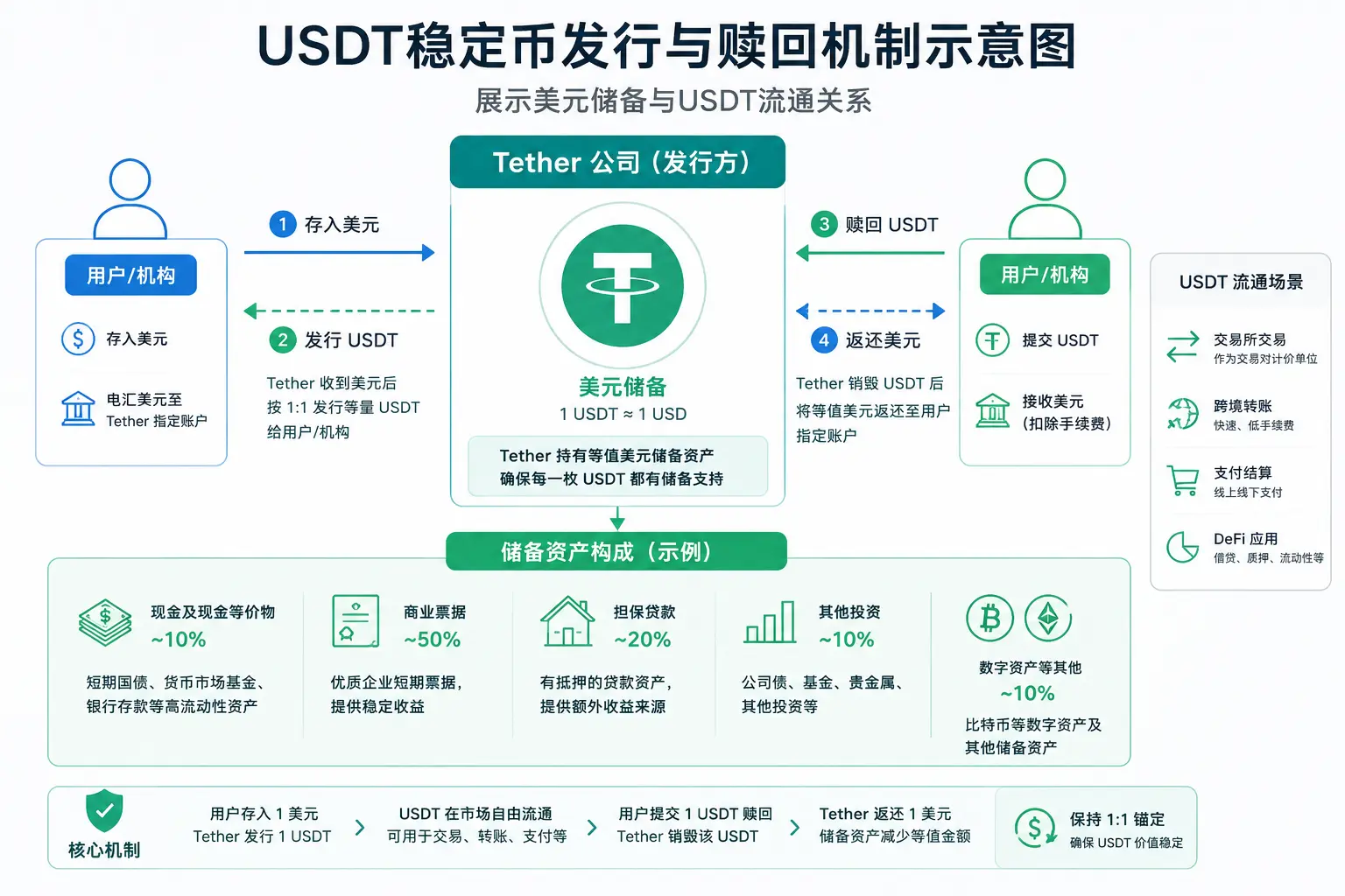 USDT稳定币发行与赎回机制示意图，展示美元储备与USDT流通关系.webp