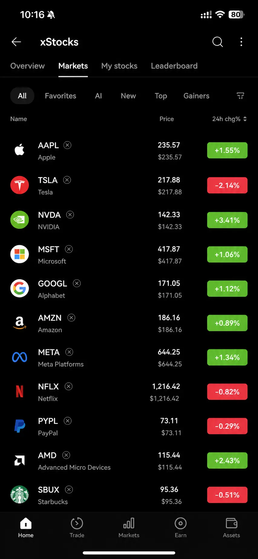OKX xStocks市场页面展示苹果特斯拉英伟达等热门股票行情.webp