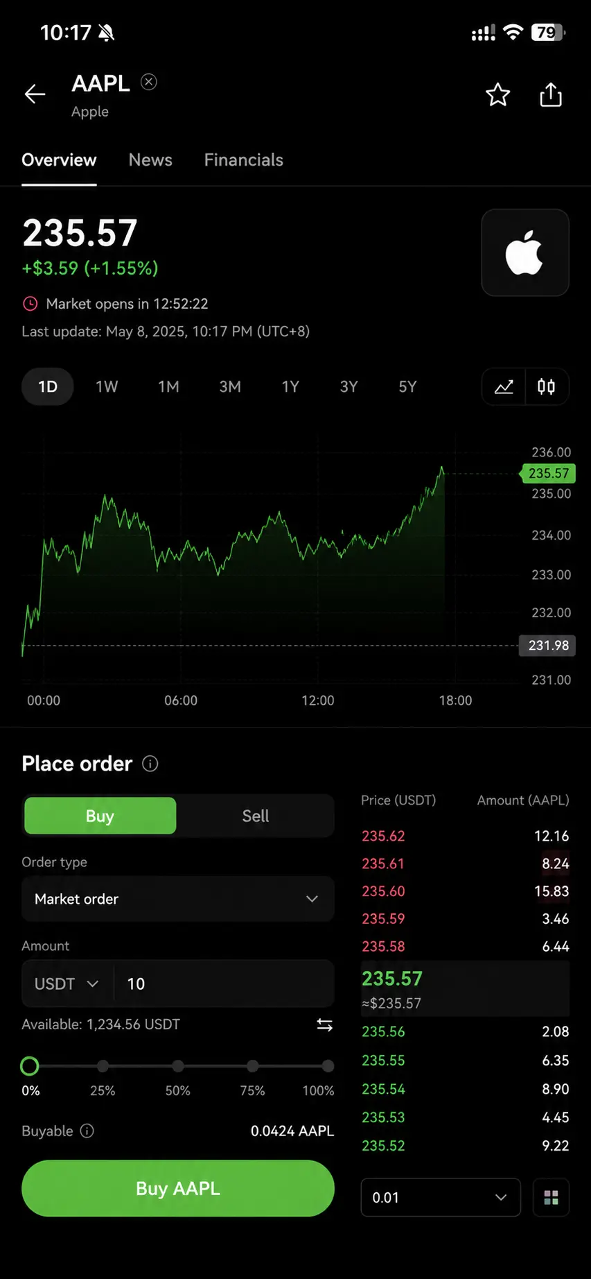 OKX xStocks交易界面展示股票价格走势与买入操作页面.webp