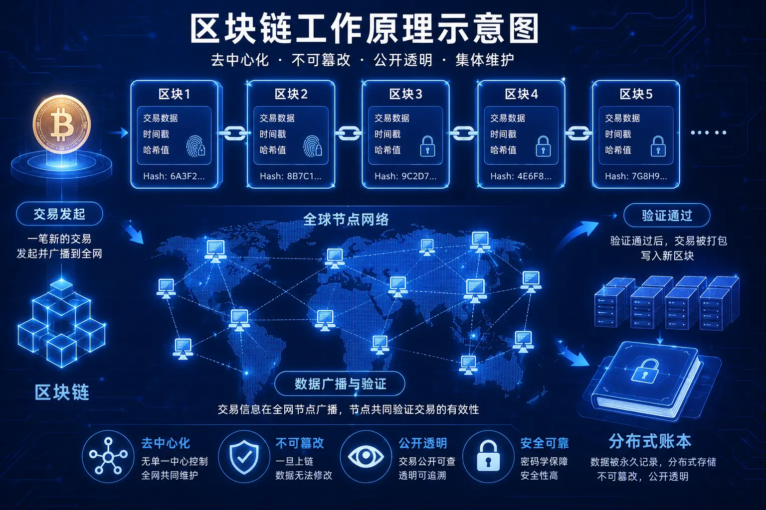 区块链工作原理示意图，展示交易数据生成后通过全球节点验证、打包写入区块并形成链式结构的过程，体现分布式账本和去中心化网络运行机制。.webp