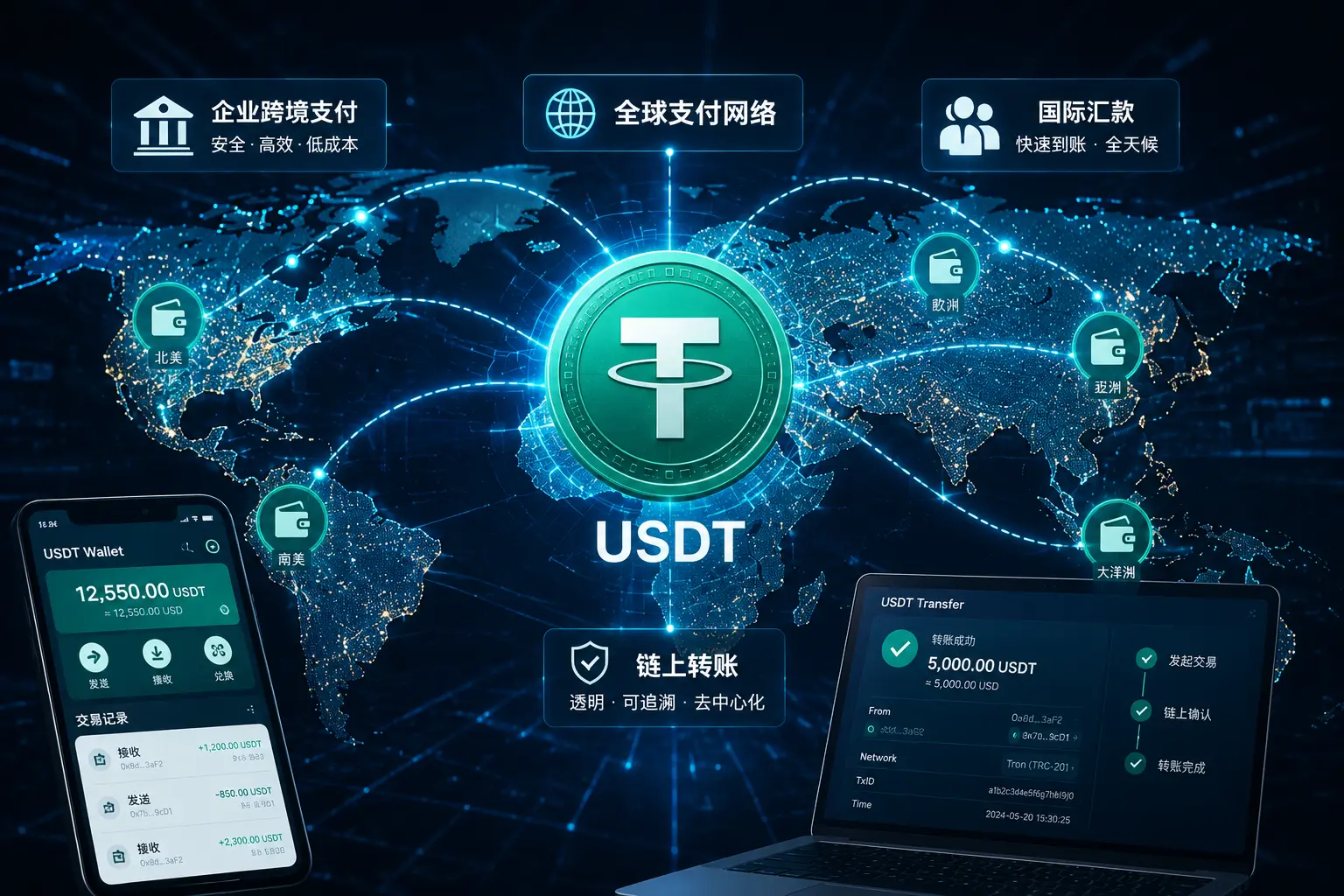 USDT稳定币全球支付网络示意图，展示跨境汇款、企业结算、数字钱包转账和链上资金流动场景。.webp