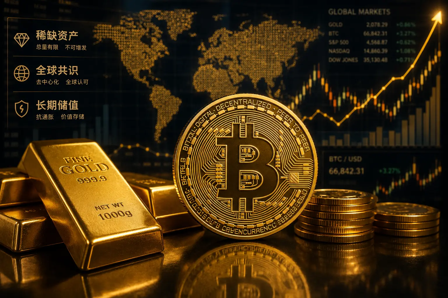 比特币数字黄金价值储存示意图，展示比特币与黄金的稀缺性、抗通胀属性及长期资产配置价值。.webp