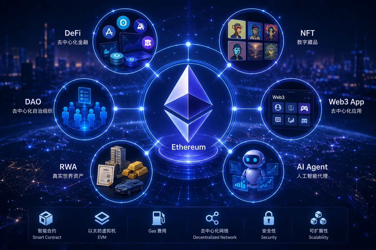 以太坊Web3生态架构图，展示DeFi、NFT、DAO、RWA和AI Agent等核心应用场景及智能合约生态。.webp