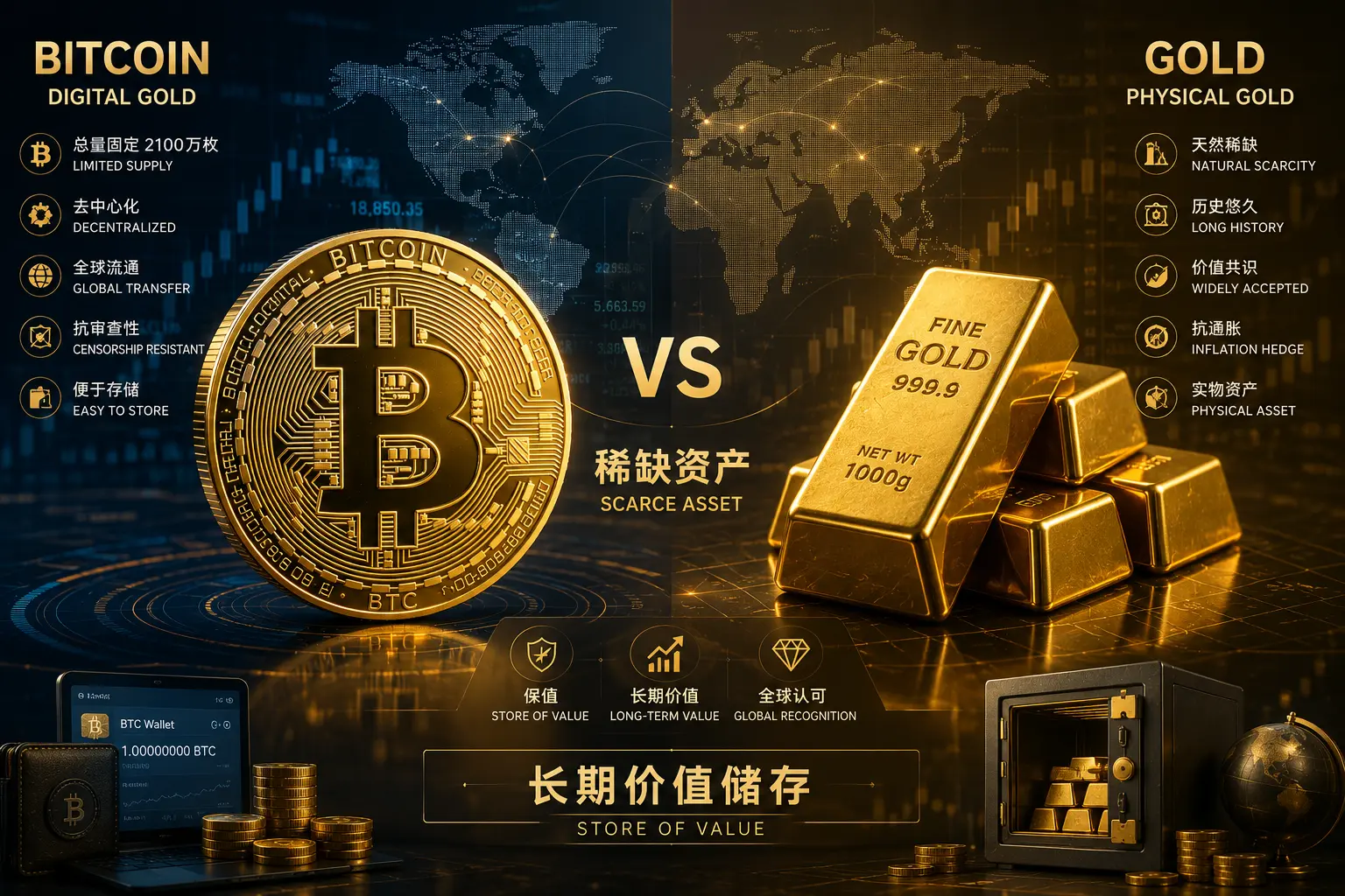 比特币与黄金价值储存对比示意图，展示数字黄金与传统黄金的稀缺性、储值能力和全球流通属性。.webp