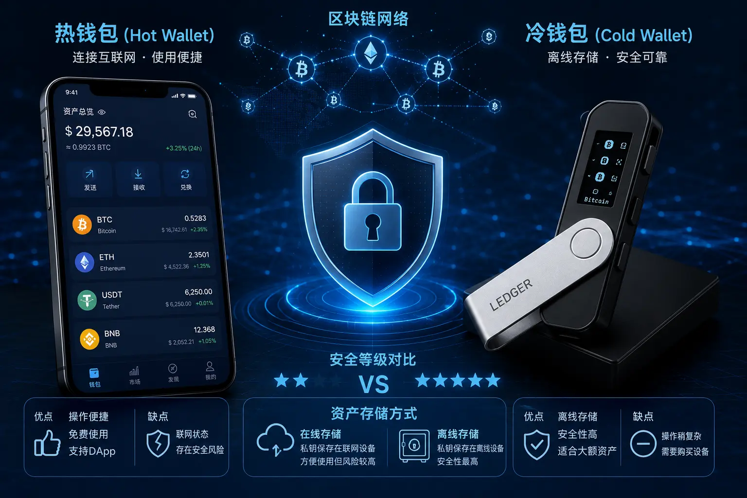 热钱包与冷钱包区别示意图,展示联网热钱包和离线硬件冷钱包的安全等级、使用场景及数字资产存储方式对比。.webp