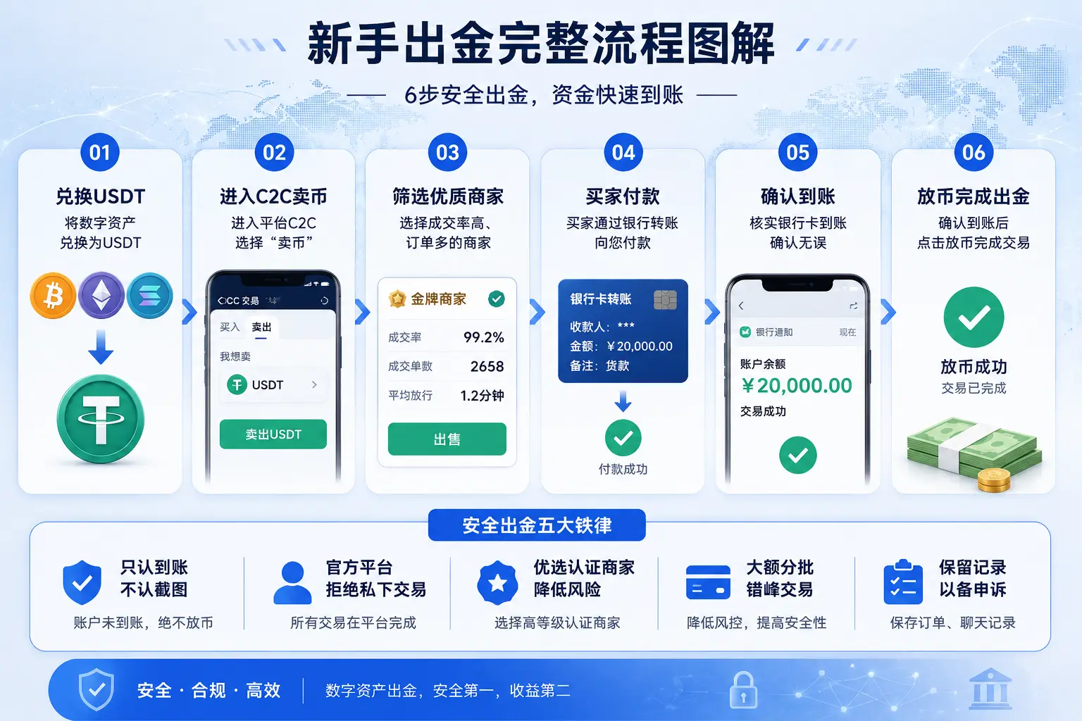 数字资产出金流程图,展示BTC、ETH等加密货币兑换USDT后通过C2C卖币、买家付款、银行卡到账、确认放币完成出金的完整流程。.webp