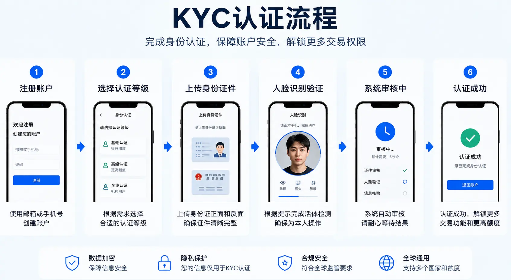 KYC实名认证完整流程图，展示注册账户、上传身份证件、人脸识别验证、系统审核和认证通过的完整身份认证步骤。.webp