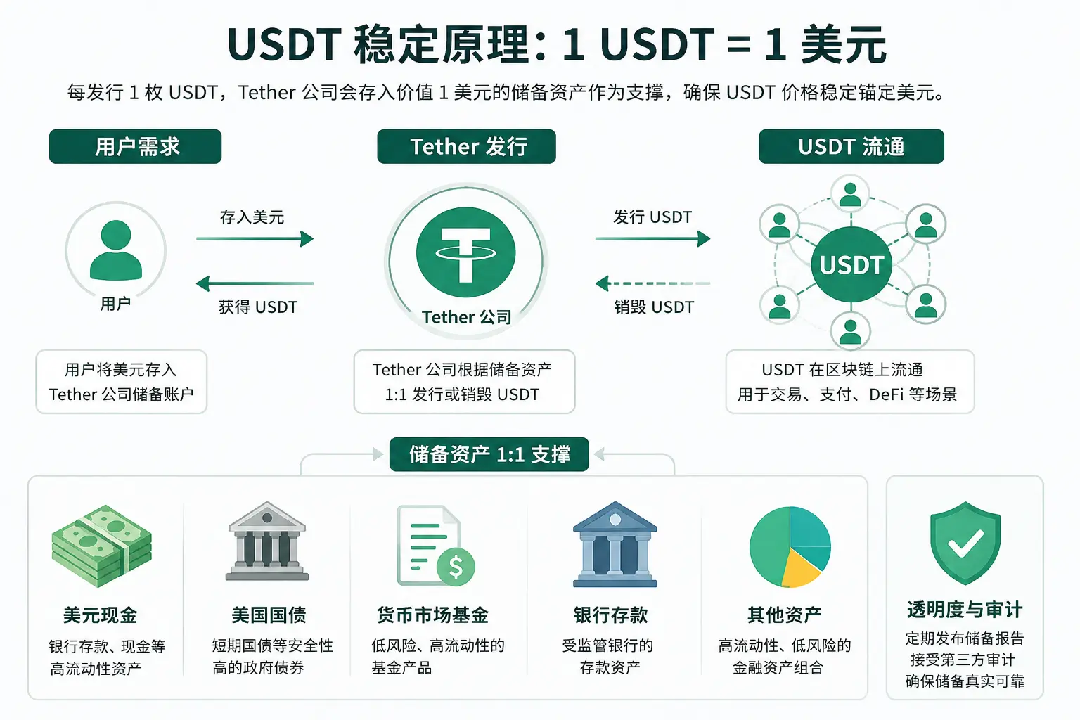 USDT稳定币发行机制示意图,展示美元储备资产、Tether发行USDT、链上流通及1比1价值锚定原理.webp