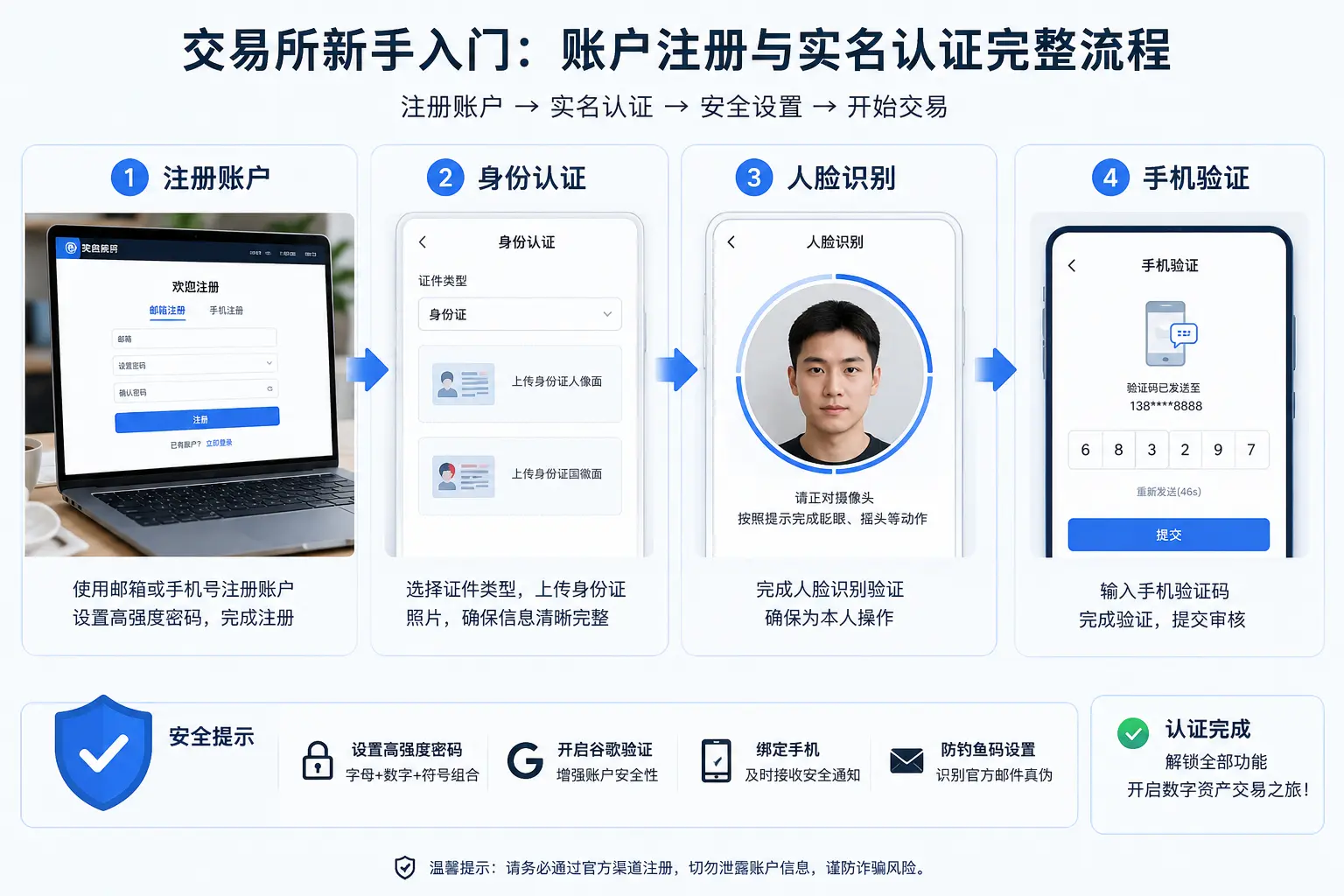 数字资产交易平台实名认证流程展示，用户通过账户注册、身份证上传、人脸识别和手机验证完成KYC审核，解锁买币、交易和提现功能。.webp