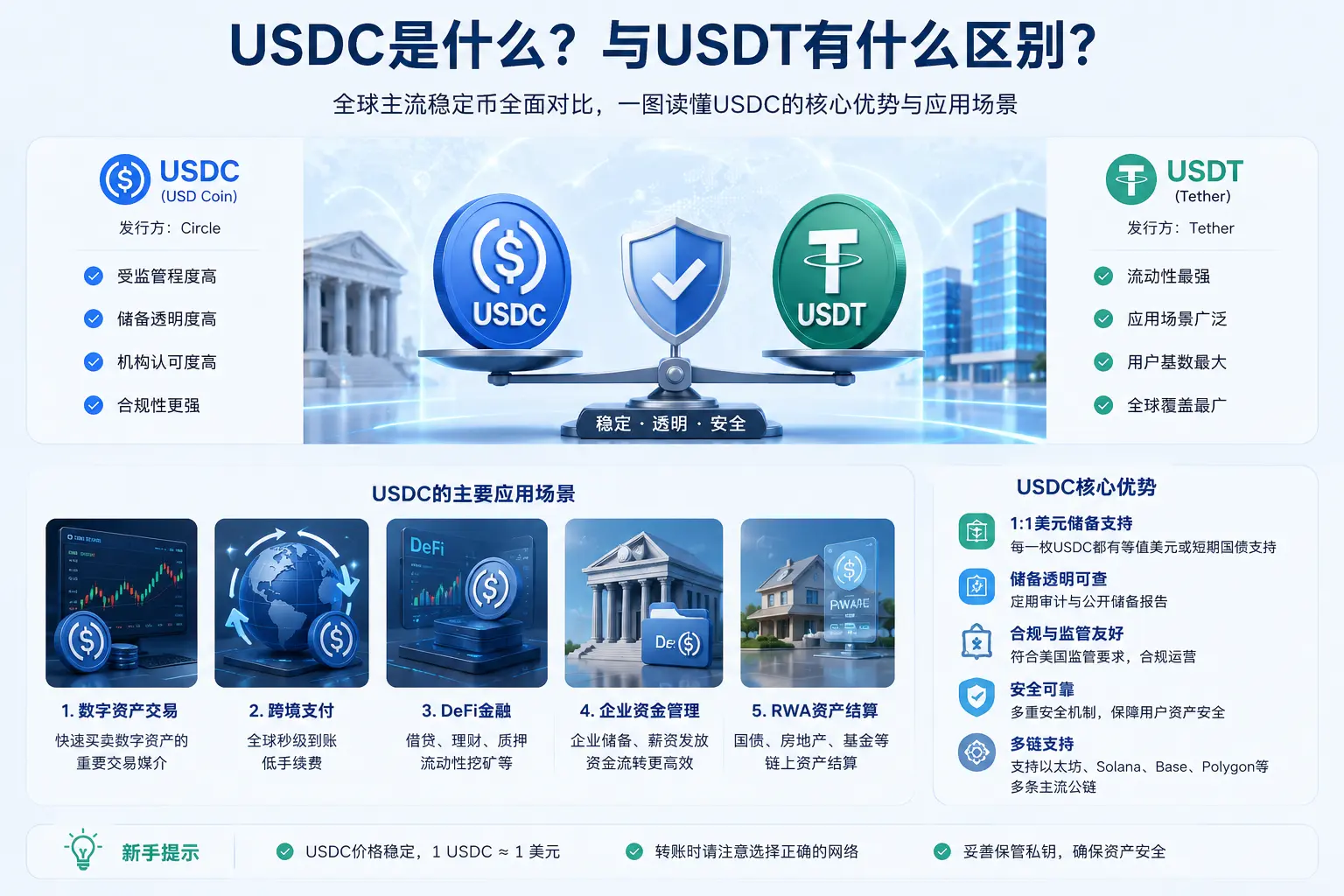 USDC与USDT区别对比图,展示两种主流稳定币的发行机构、流动性、合规性、应用场景以及USDC在跨境支付、DeFi和RWA结算中的核心用途。.webp
