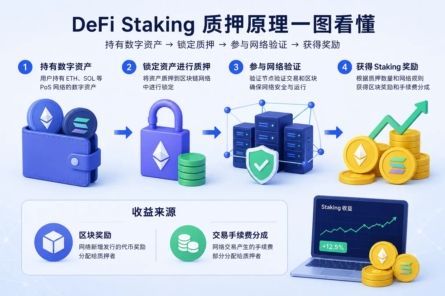 DeFi Staking质押原理示意图，展示用户持有ETH和SOL等数字资产后，通过锁仓质押、参与PoS网络验证并获得区块奖励和手续费分成的完整流程。.webp