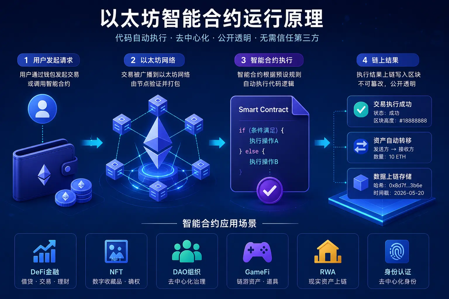以太坊智能合约运行原理图,展示用户发起交易、网络验证、智能合约执行以及结果上链的完整流程。.webp