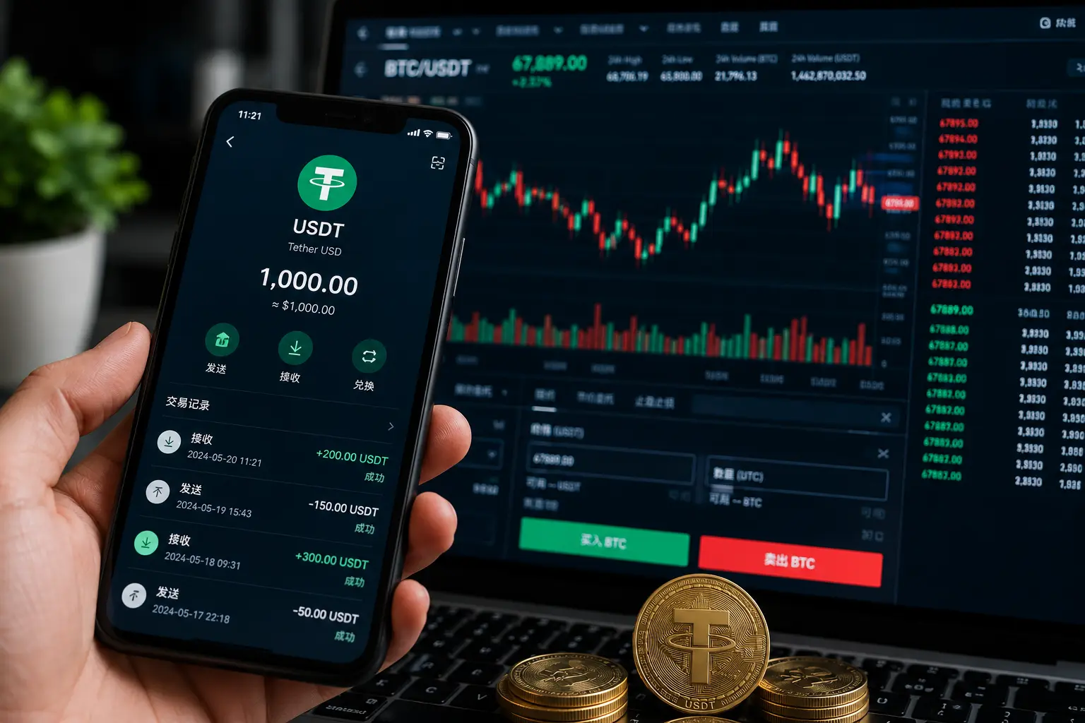 手机显示USDT钱包余额和转账记录,背景为数字货币交易K线界面.webp