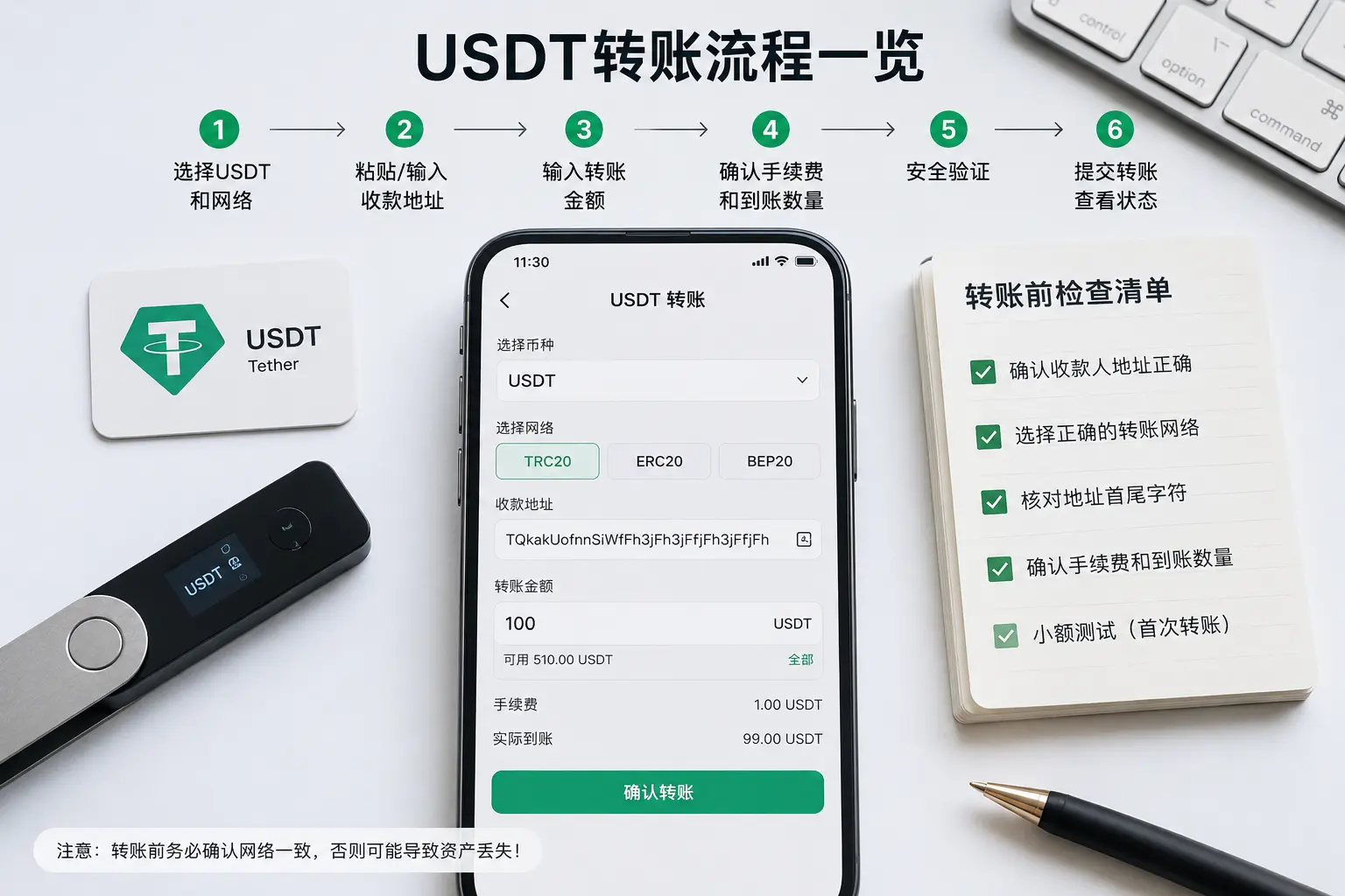 USDT转账流程配图,展示TRC20、ERC20网络选择、手续费确认和转账前安全检查清单.webp