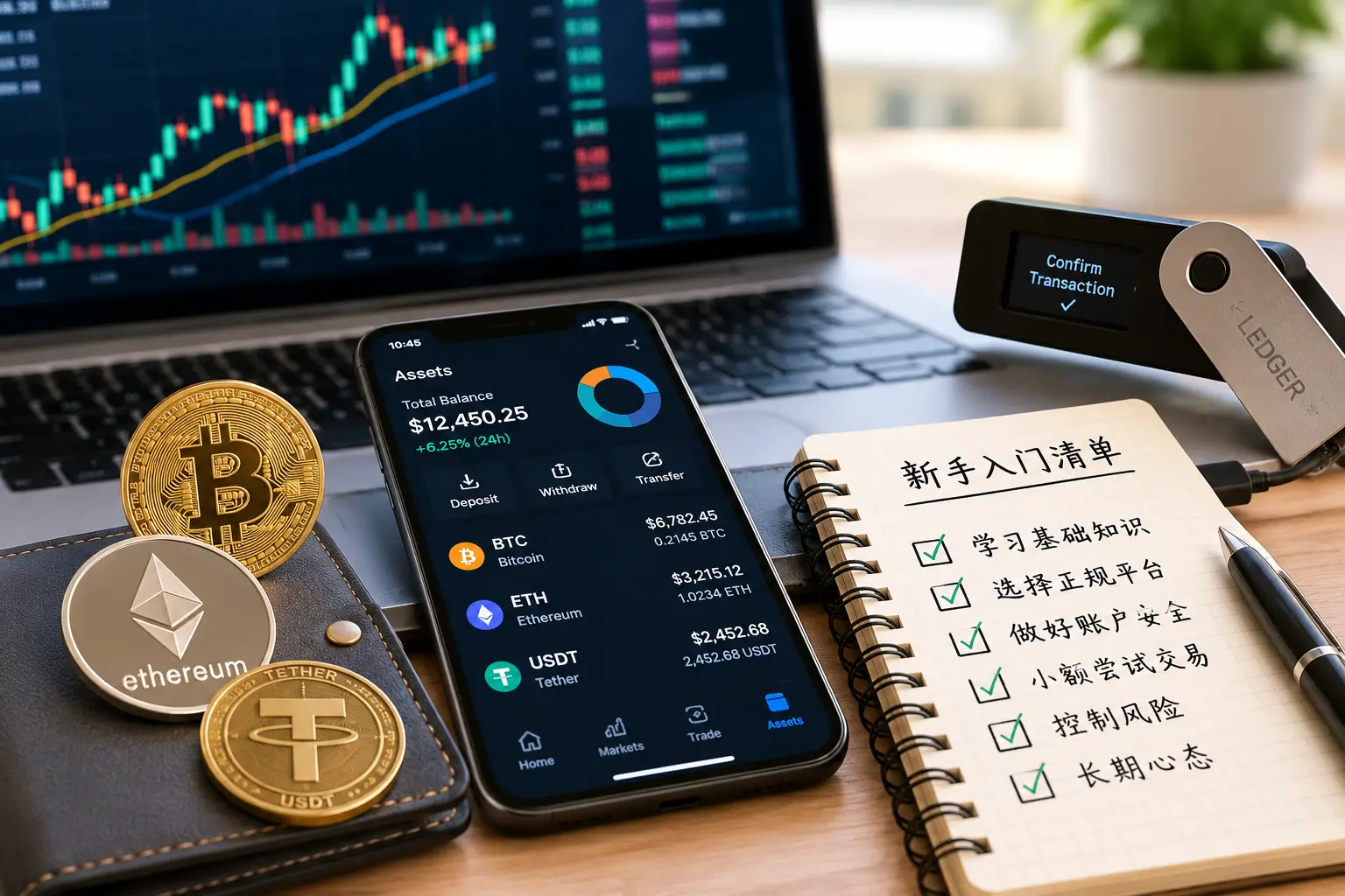 数字货币新手入门配图,展示BTC、ETH、USDT资产面板、硬件钱包和新手买币安全清单.webp