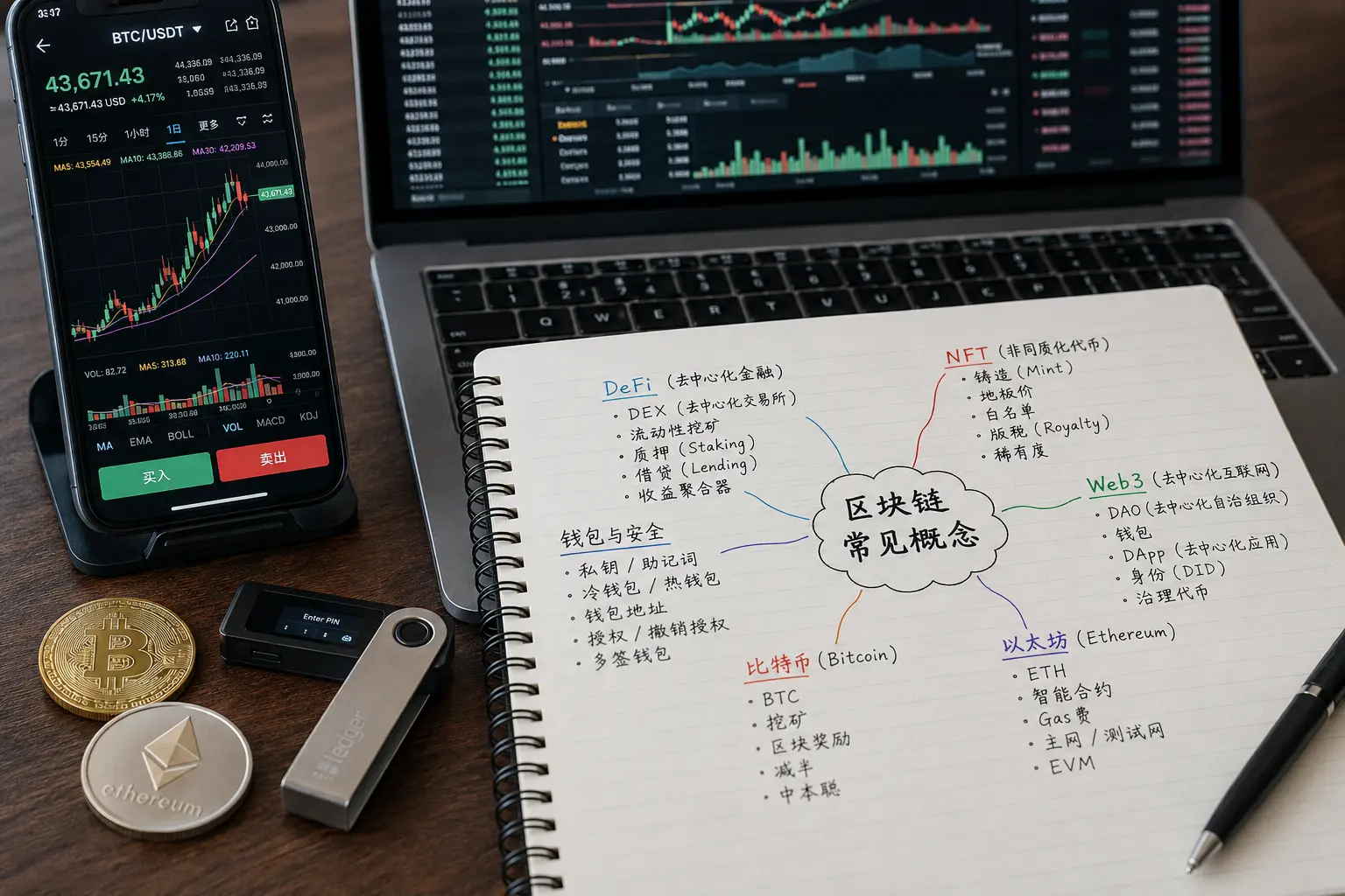 币圈术语学习配图,展示比特币、以太坊、DeFi、NFT、Web3、钱包安全和区块链常见概念笔记.webp