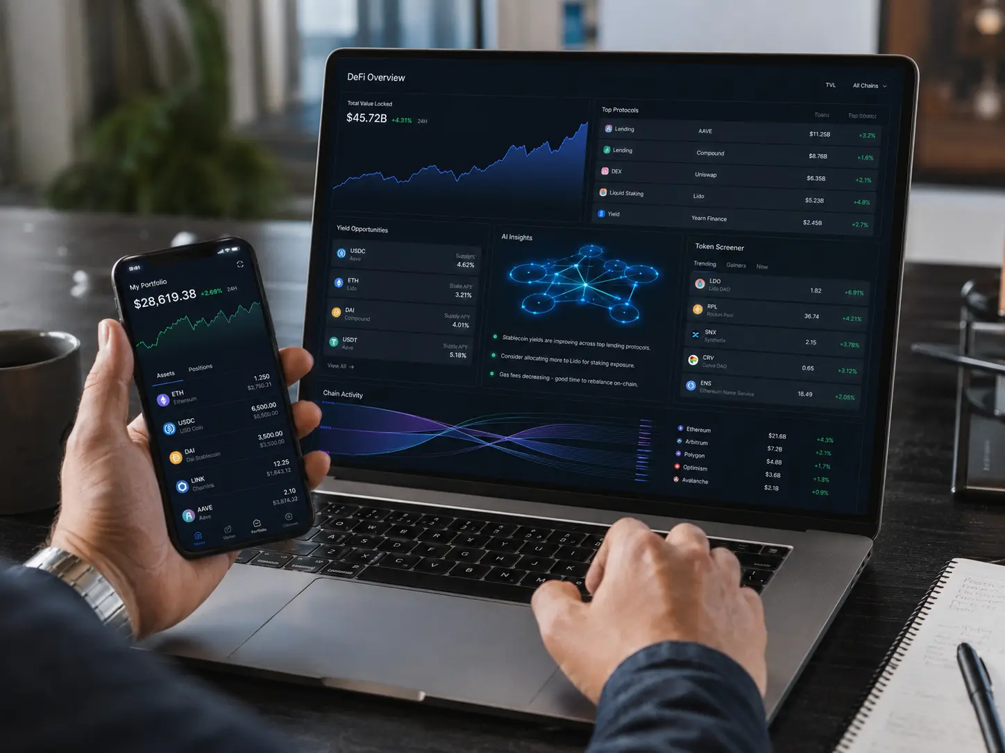 AI Agent与DeFi项目分析配图，展示链上收益机会、Token筛选器、DeFi数据面板、AI智能分析和加密资产组合管理场景.webp