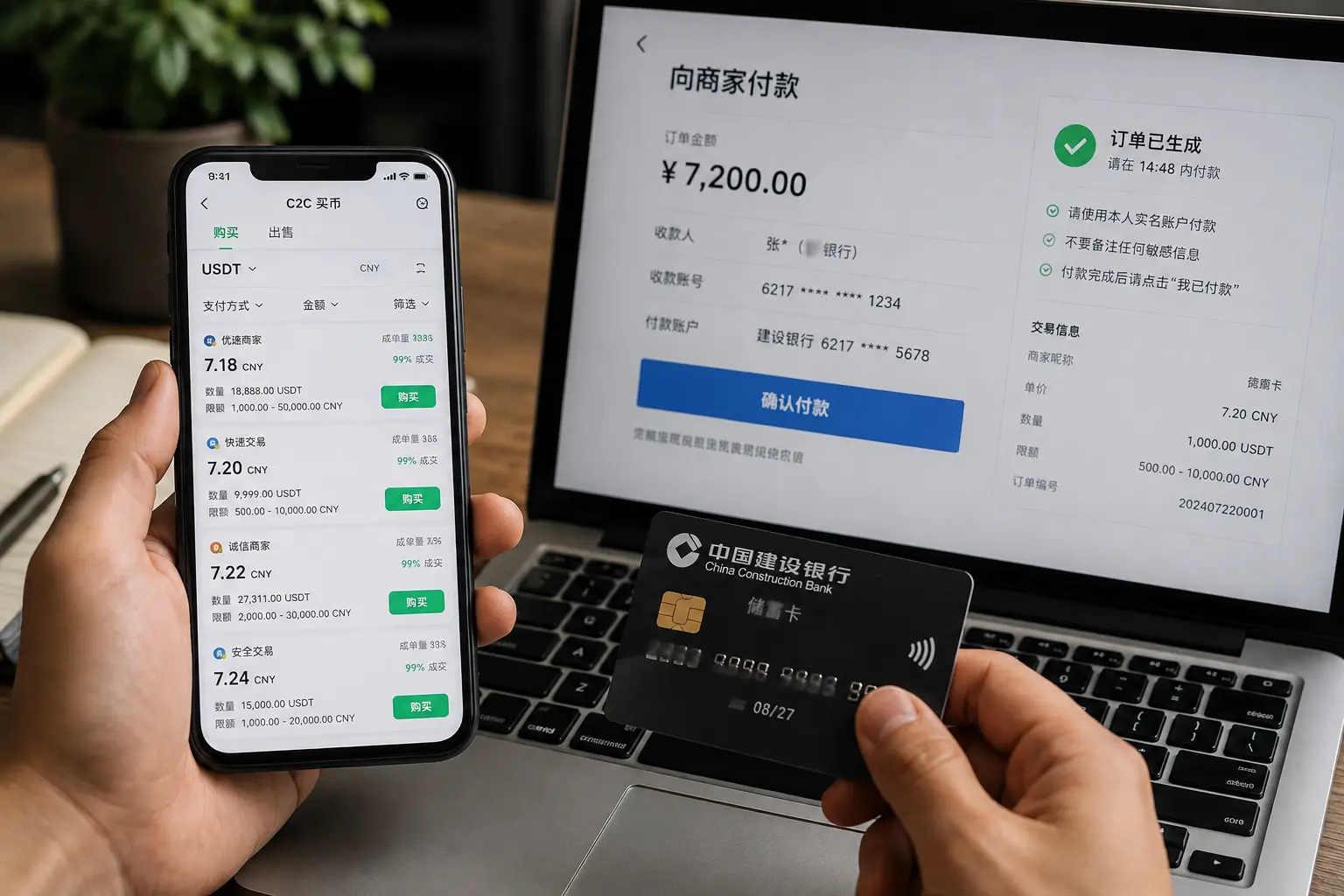 用户使用本人银行卡核对C2C商家报价并完成USDT实名付款.webp