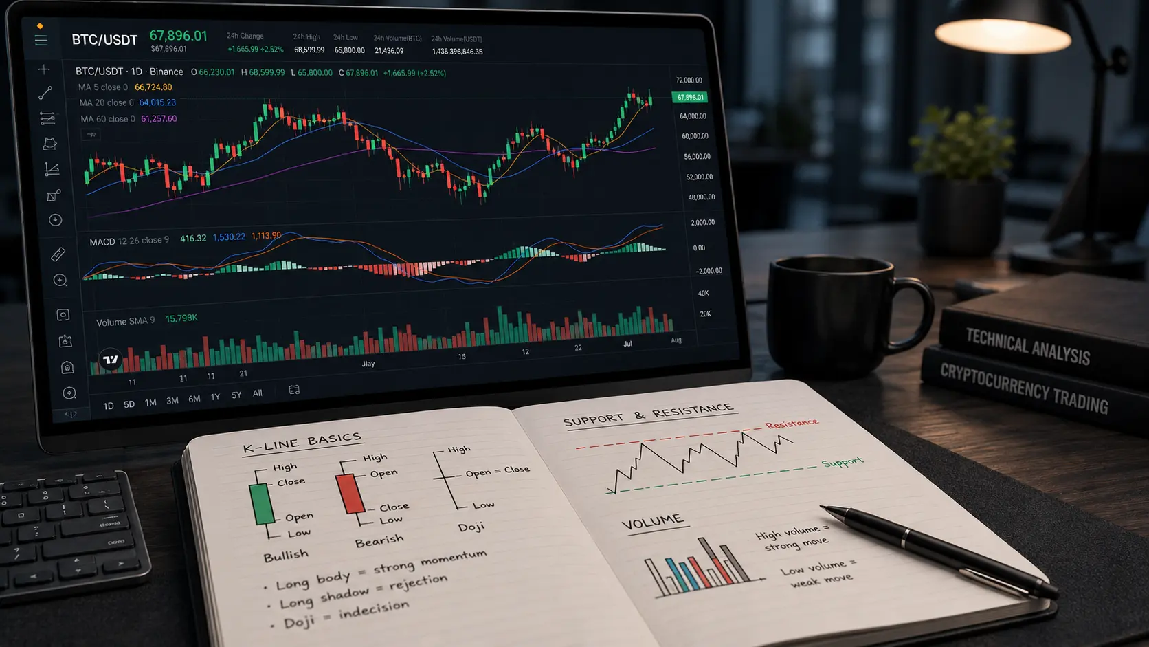 比特币K线、MA均线、MACD、成交量及支撑压力位技术分析示意图.webp