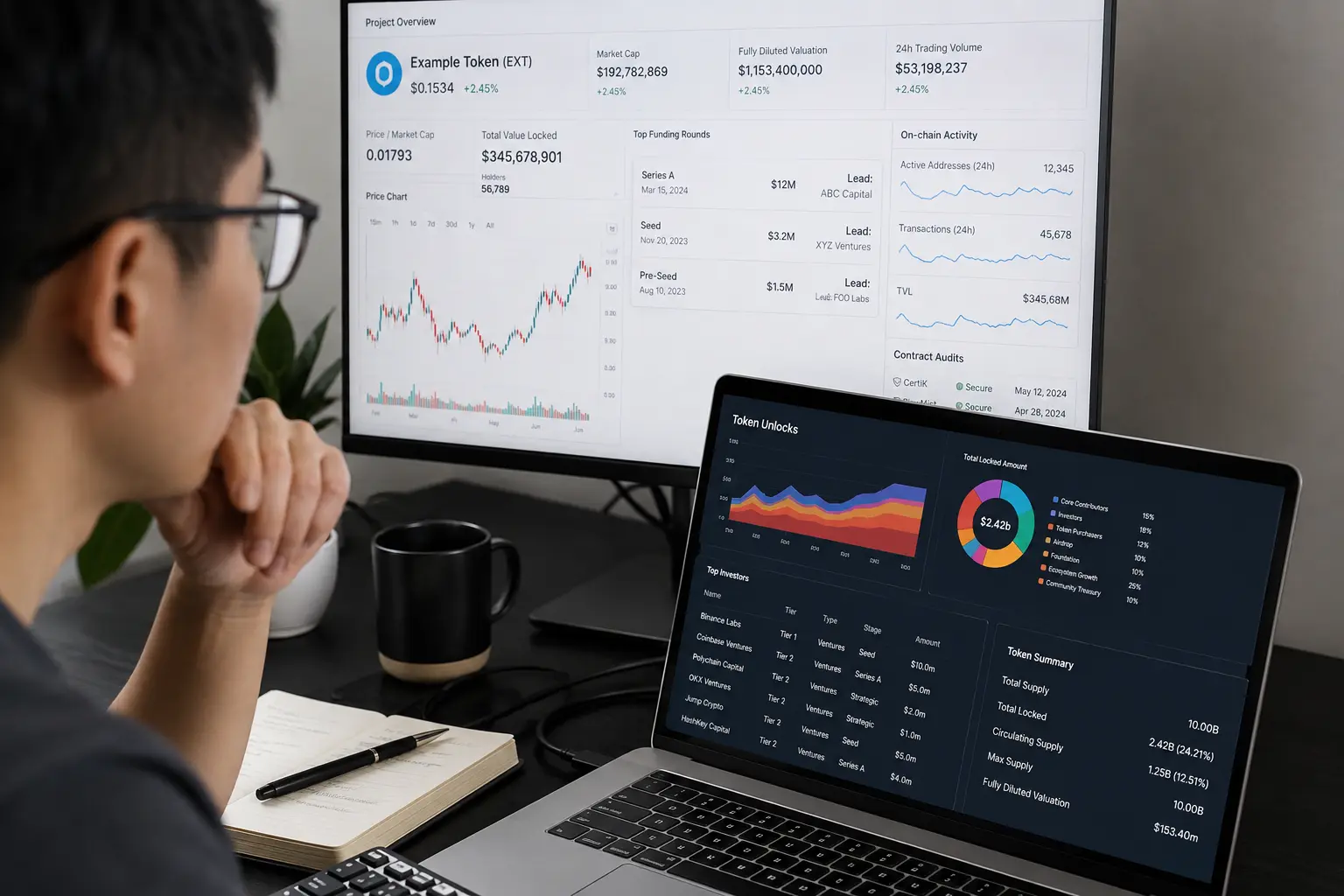加密研究者分析新币项目的代币经济、融资轮次、Token解锁、链上活跃度与项目估值数据.webp